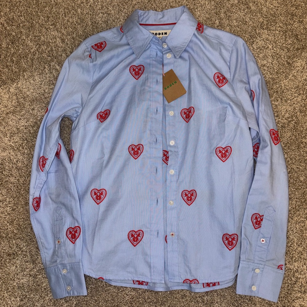 Boden Sienna Cotton shirt/ Blue Oxford Hearts